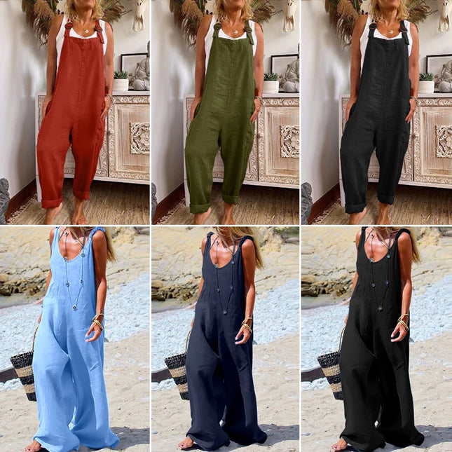 Womens Cotton Linen Jumpsuit Dungarees Loose Playsuit Polyester Preppy Style Pants Pocket  Overalls Trousers
