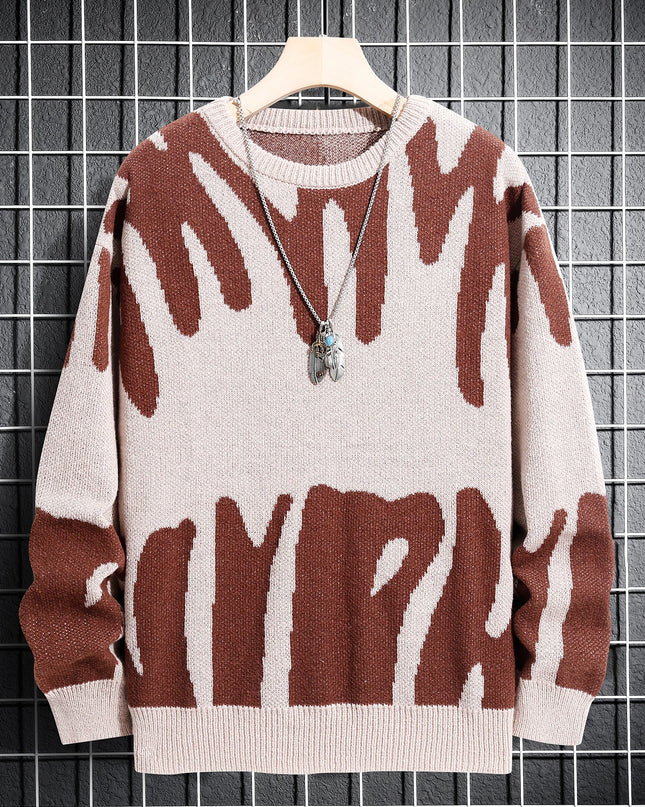 New Popular Autumn Winter Irregular Jacquard Pattern Pullover Sweater Casual Round Neck Contrast Color Knitted Men's Pullover