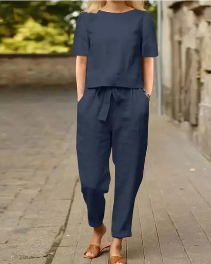 Women's Pullover Shirt And Pants Two-piece Set Women's Cotton And Linen Summer Suit Short Sleeved O-neck Outfit Pants