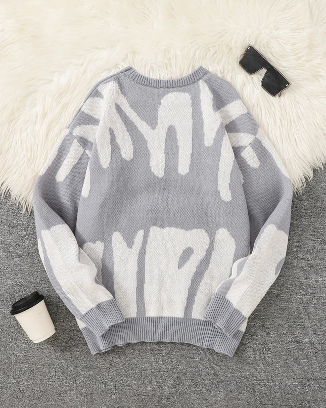 New Popular Autumn Winter Irregular Jacquard Pattern Pullover Sweater Casual Round Neck Contrast Color Knitted Men's Pullover