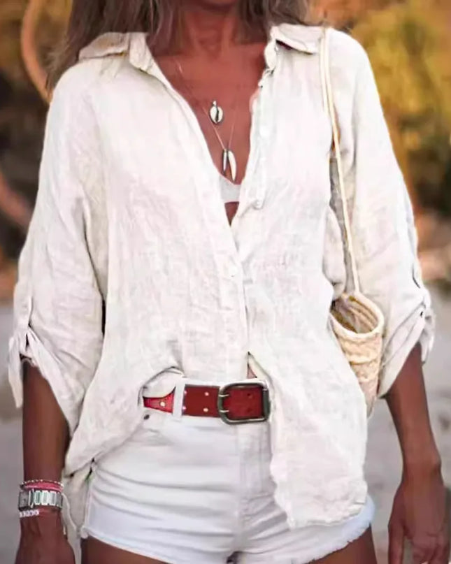 Women Cotton Linen Blouse Shirt Summer Female Turn Down Collar Three Quarter Loose Blouse Tops FYY-85