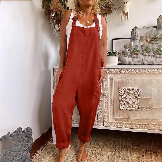 Womens Cotton Linen Jumpsuit Dungarees Loose Playsuit Polyester Preppy Style Pants Pocket  Overalls Trousers