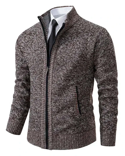 2025 Autumn and Winter New Jersey Men's Casual Sports Coat Solid Color Stand Collar Sweater Grab Fleece Warm Zipper Cardigan