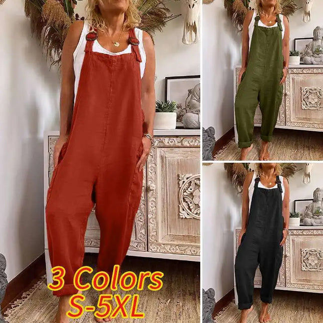 Womens Cotton Linen Jumpsuit Dungarees Loose Playsuit Polyester Preppy Style Pants Pocket  Overalls Trousers