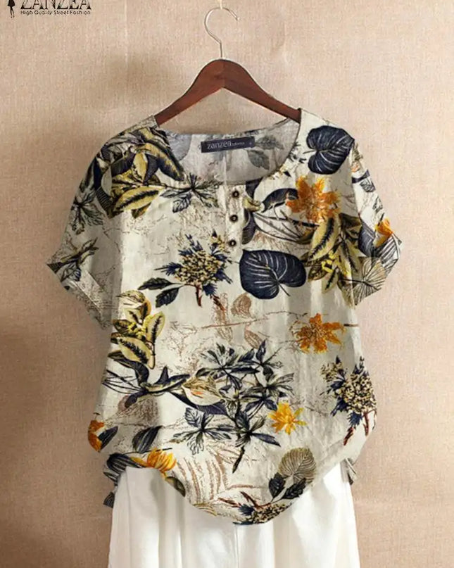 ZANZEA Women Cotton Shirt Fashion Floral Printed Tops Ladies Kaftan Chemise 2024 Summer Short Sleeve Blouses Causal O-neck Tunic