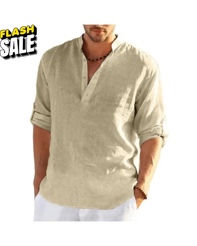 Men’s Linen Cotton Shirt: Loose Fit Lightweight Long Sleeve Button-Up Clothing