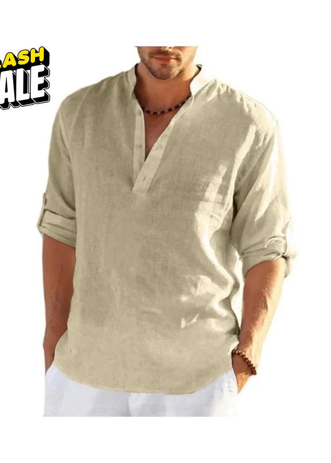 Men’s Linen Cotton Shirt: Loose Fit Lightweight Long Sleeve Button-Up Clothing