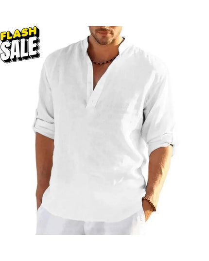 Men’s Linen Cotton Shirt: Loose Fit Lightweight Long Sleeve Button-Up Clothing