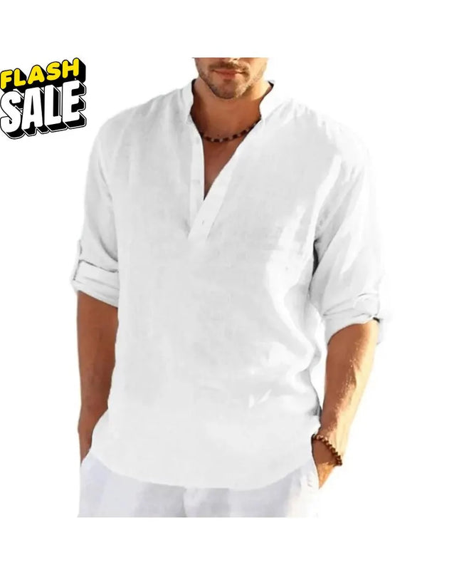 Men’s Linen Cotton Shirt: Loose Fit Lightweight Long Sleeve Button-Up Clothing