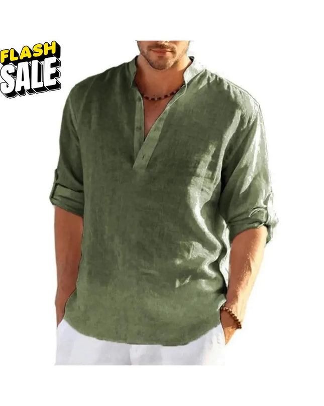 Men’s Linen Cotton Shirt: Loose Fit Lightweight Long Sleeve Button-Up Clothing