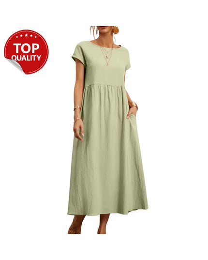 Vintage Cotton Linen Dress, Cotton Linen Maxi Dress, Loose Fit Summer Casual with Pocket, Minimalist Boho Dress, Short Sleeve Outfit