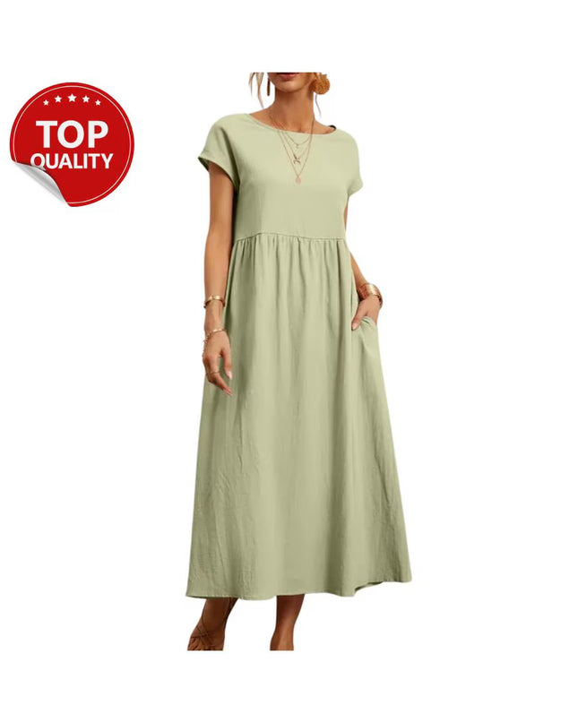 Vintage Cotton Linen Dress, Cotton Linen Maxi Dress, Loose Fit Summer Casual with Pocket, Minimalist Boho Dress, Short Sleeve Outfit