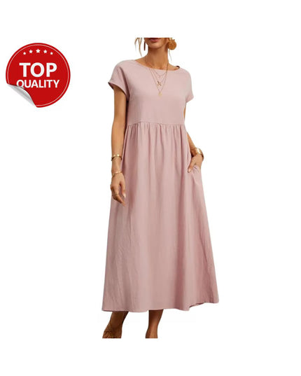 Vintage Cotton Linen Dress, Cotton Linen Maxi Dress, Loose Fit Summer Casual with Pocket, Minimalist Boho Dress, Short Sleeve Outfit