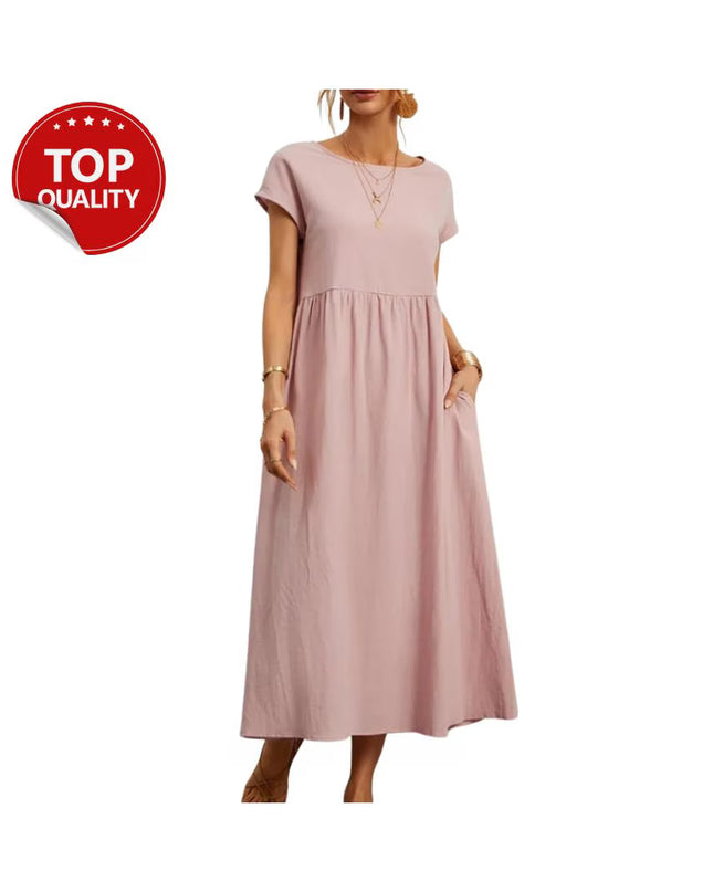 Vintage Cotton Linen Dress, Cotton Linen Maxi Dress, Loose Fit Summer Casual with Pocket, Minimalist Boho Dress, Short Sleeve Outfit