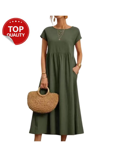 Vintage Cotton Linen Dress, Cotton Linen Maxi Dress, Loose Fit Summer Casual with Pocket, Minimalist Boho Dress, Short Sleeve Outfit