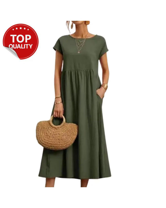 Vintage Cotton Linen Dress, Cotton Linen Maxi Dress, Loose Fit Summer Casual with Pocket, Minimalist Boho Dress, Short Sleeve Outfit