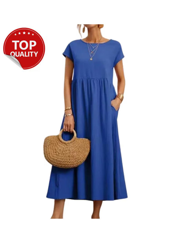 Vintage Cotton Linen Dress, Cotton Linen Maxi Dress, Loose Fit Summer Casual with Pocket, Minimalist Boho Dress, Short Sleeve Outfit