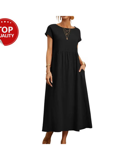 Vintage Cotton Linen Dress, Cotton Linen Maxi Dress, Loose Fit Summer Casual with Pocket, Minimalist Boho Dress, Short Sleeve Outfit