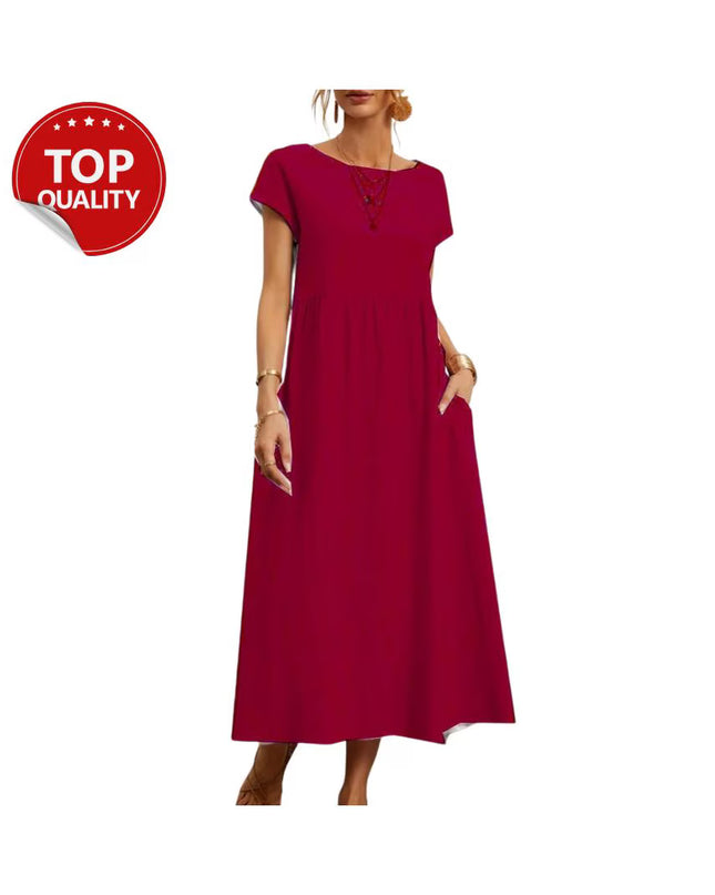 Vintage Cotton Linen Dress, Cotton Linen Maxi Dress, Loose Fit Summer Casual with Pocket, Minimalist Boho Dress, Short Sleeve Outfit