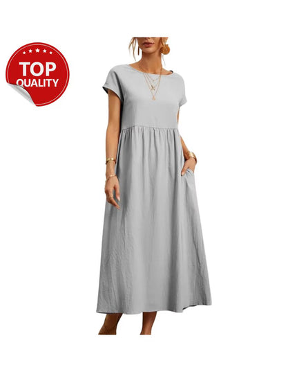 Vintage Cotton Linen Dress, Cotton Linen Maxi Dress, Loose Fit Summer Casual with Pocket, Minimalist Boho Dress, Short Sleeve Outfit
