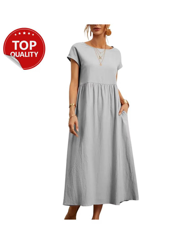 Vintage Cotton Linen Dress, Cotton Linen Maxi Dress, Loose Fit Summer Casual with Pocket, Minimalist Boho Dress, Short Sleeve Outfit