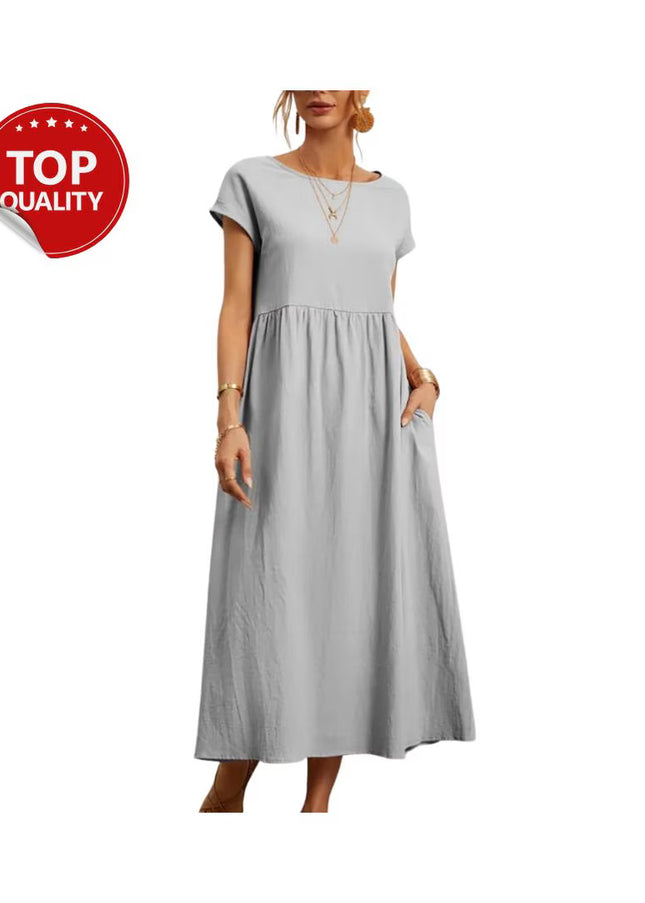 Vintage Cotton Linen Dress, Cotton Linen Maxi Dress, Loose Fit Summer Casual with Pocket, Minimalist Boho Dress, Short Sleeve Outfit