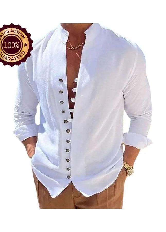Men’s Loose Fit Shirt: Solid Color Vintage Button Long Sleeve Casual Top