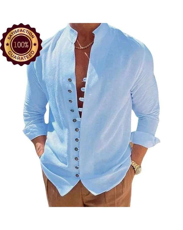 Men’s Loose Fit Shirt: Solid Color Vintage Button Long Sleeve Casual Top