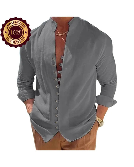 Men’s Loose Fit Shirt: Solid Color Vintage Button Long Sleeve Casual Top