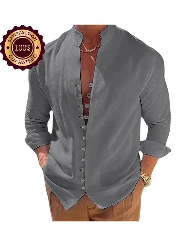 Men’s Loose Fit Shirt: Solid Color Vintage Button Long Sleeve Casual Top
