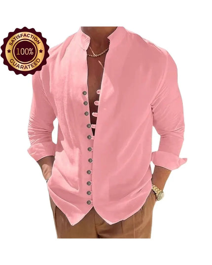 Men’s Loose Fit Shirt: Solid Color Vintage Button Long Sleeve Casual Top