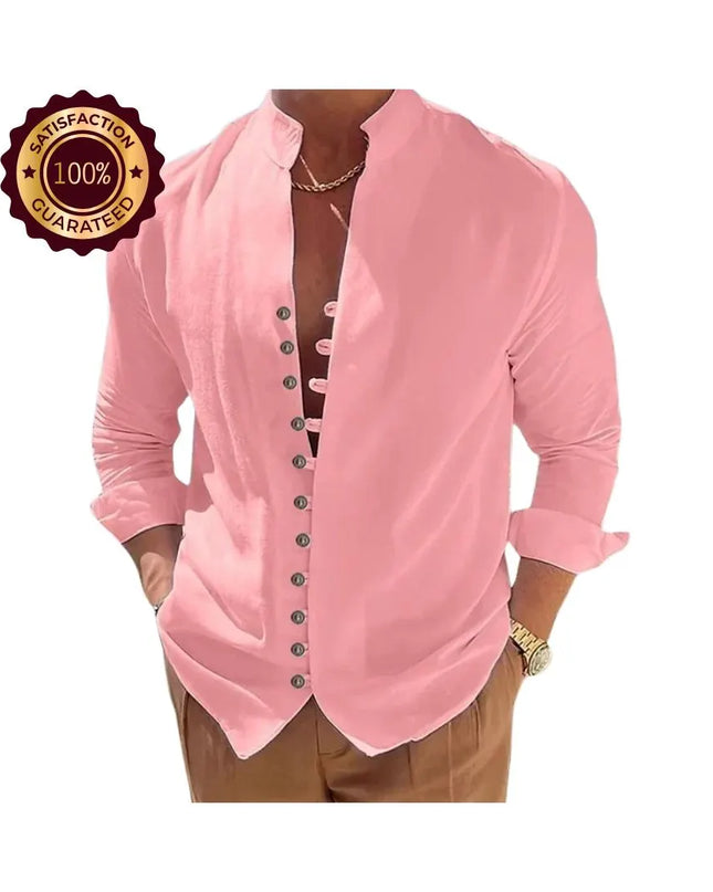 Men’s Loose Fit Shirt: Solid Color Vintage Button Long Sleeve Casual Top