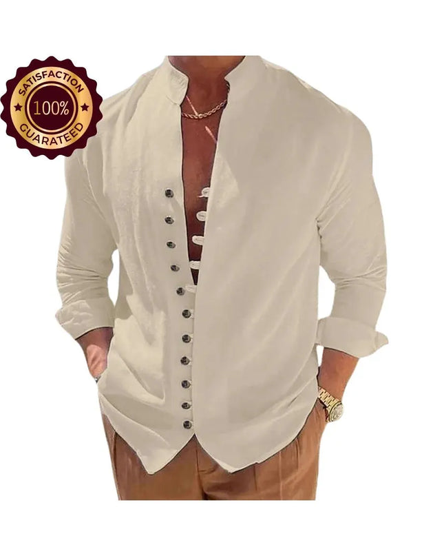Men’s Loose Fit Shirt: Solid Color Vintage Button Long Sleeve Casual Top