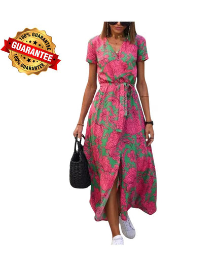 V-Neck Lace-Up Summer Dress: Elegant High Waist Gown with Print and Split Hem