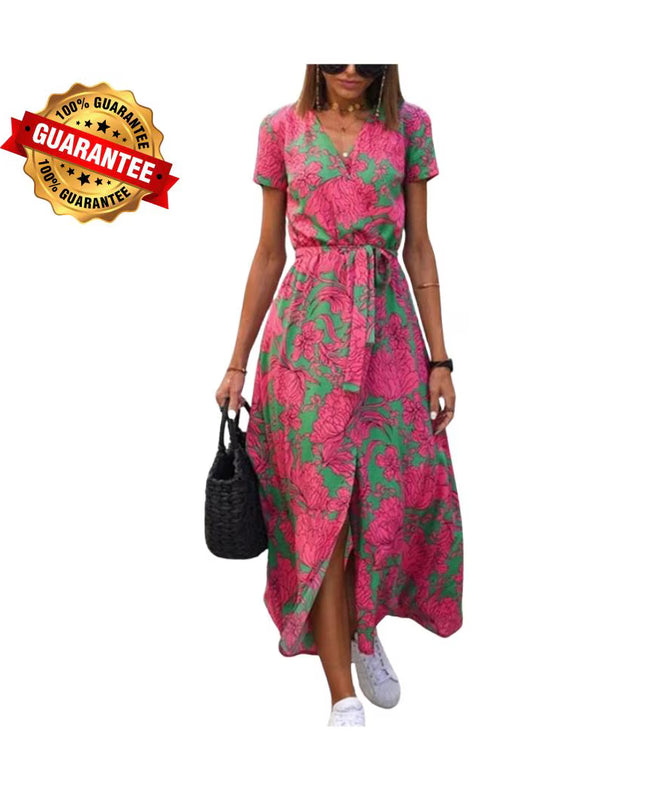 V-Neck Lace-Up Summer Dress: Elegant High Waist Gown with Print and Split Hem