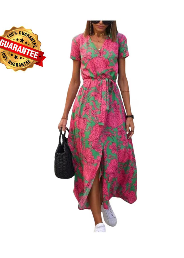 V-Neck Lace-Up Summer Dress: Elegant High Waist Gown with Print and Split Hem