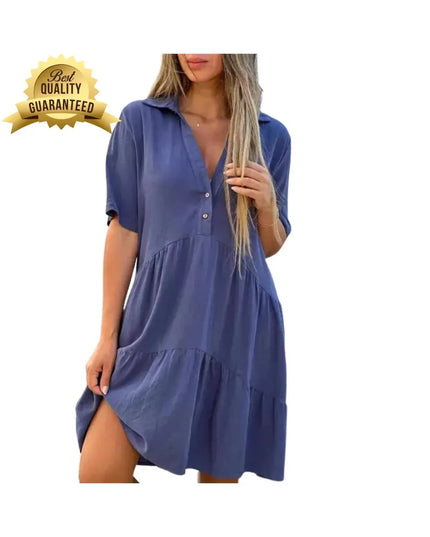 Cotton Linen Patchwork Dress – Solid Color Button-Up High Waist Summer Dress with Lapel | Casual Commuter Gown for Women