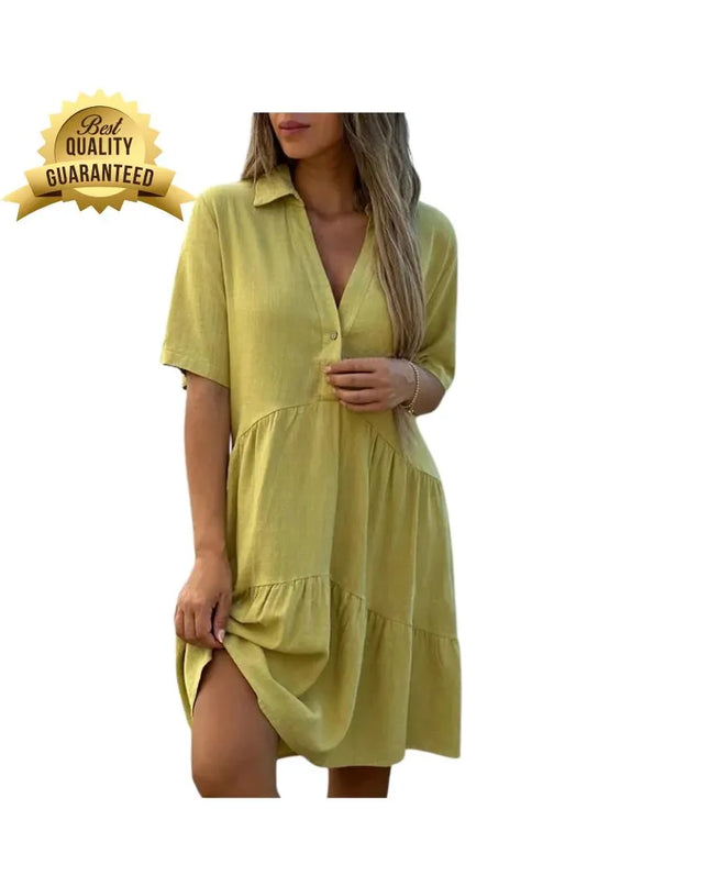 Cotton Linen Patchwork Dress – Solid Color Button-Up High Waist Summer Dress with Lapel | Casual Commuter Gown for Women