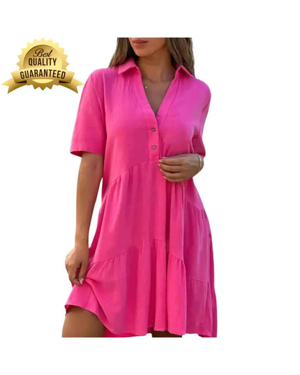 Cotton Linen Patchwork Dress – Solid Color Button-Up High Waist Summer Dress with Lapel | Casual Commuter Gown for Women