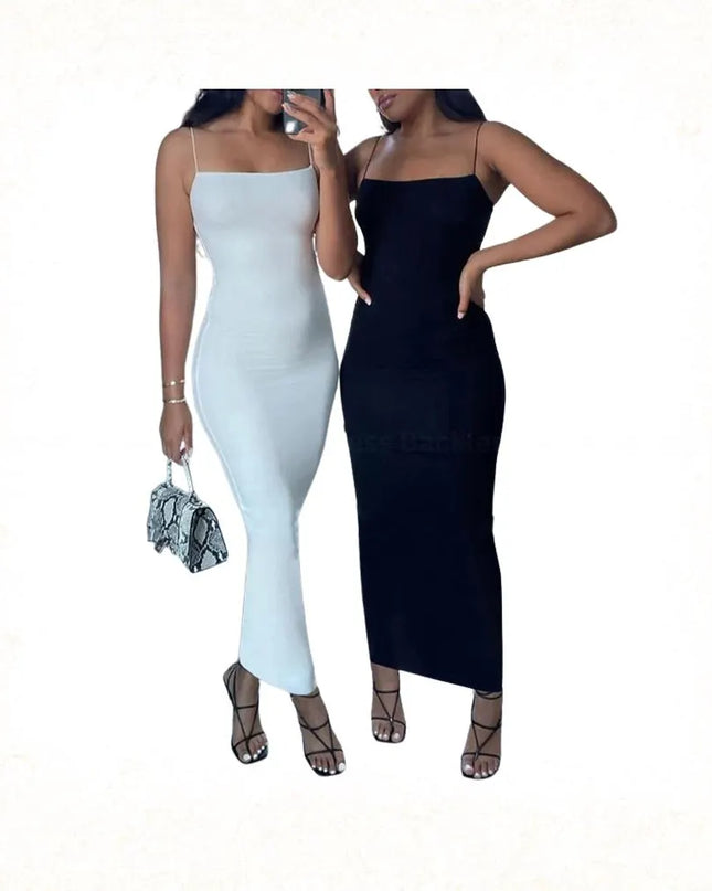 Autumn Winter Women Solid White Black Strap Midi Dress Bodycon Sexy Streetwear Party Club Elegant Fashion Clothes