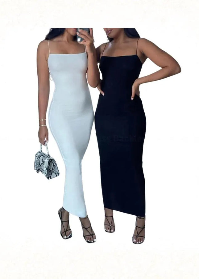 Autumn Winter Women Solid White Black Strap Midi Dress Bodycon Sexy Streetwear Party Club Elegant Fashion Clothes
