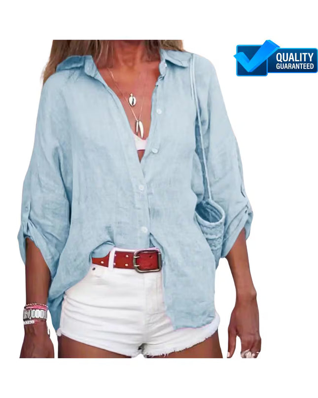 Women’s Cotton Shirt: Solid Color, Loose Fit, 3/4 Sleeve Blouse, Casual Summer Top