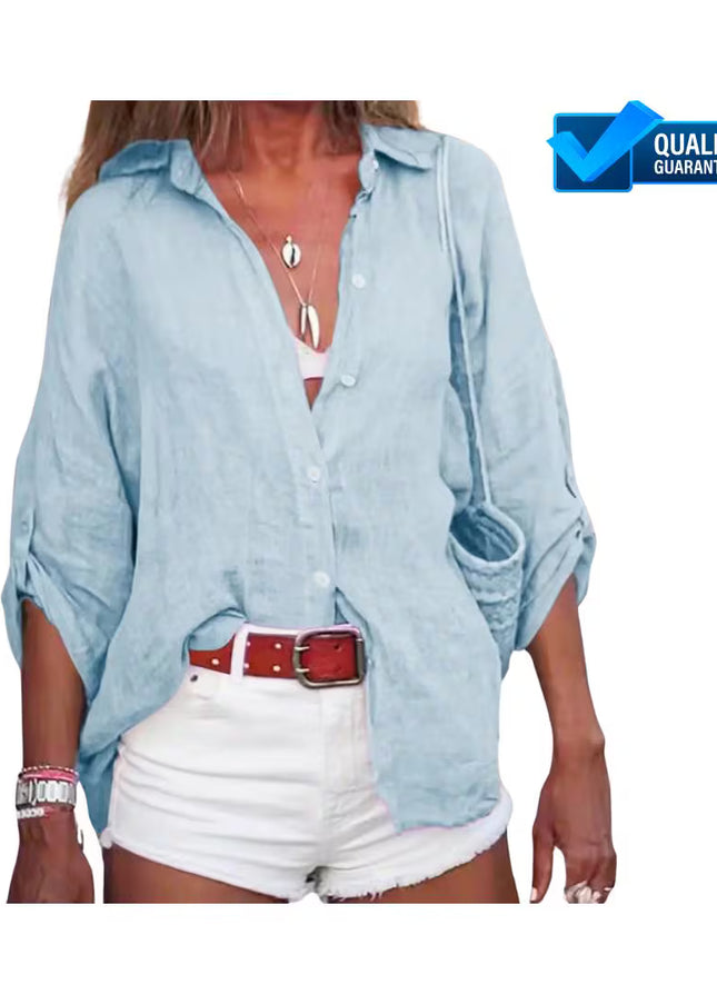 Women’s Cotton Shirt: Solid Color, Loose Fit, 3/4 Sleeve Blouse, Casual Summer Top