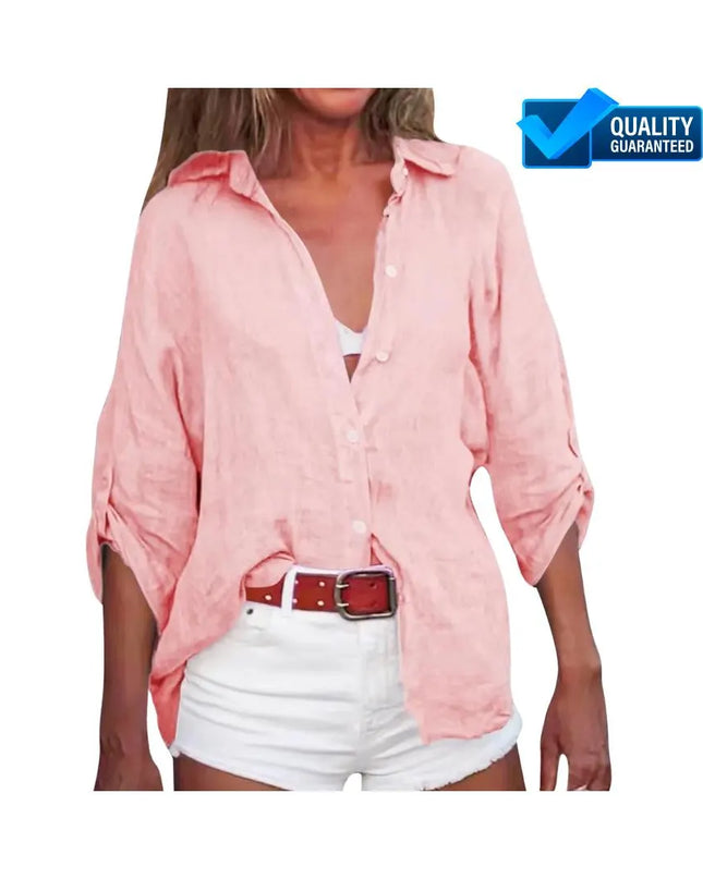 Women’s Cotton Shirt: Solid Color, Loose Fit, 3/4 Sleeve Blouse, Casual Summer Top