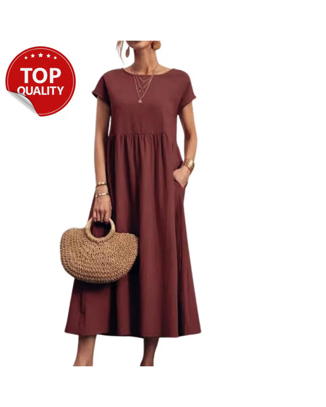 Vintage Cotton Linen Dress, Cotton Linen Maxi Dress, Loose Fit Summer Casual with Pocket, Minimalist Boho Dress, Short Sleeve Outfit