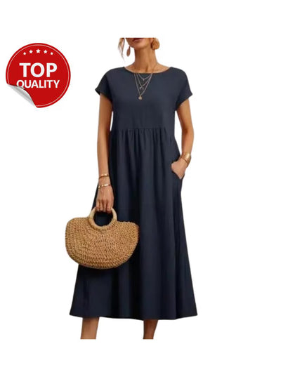 Vintage Cotton Linen Dress, Cotton Linen Maxi Dress, Loose Fit Summer Casual with Pocket, Minimalist Boho Dress, Short Sleeve Outfit