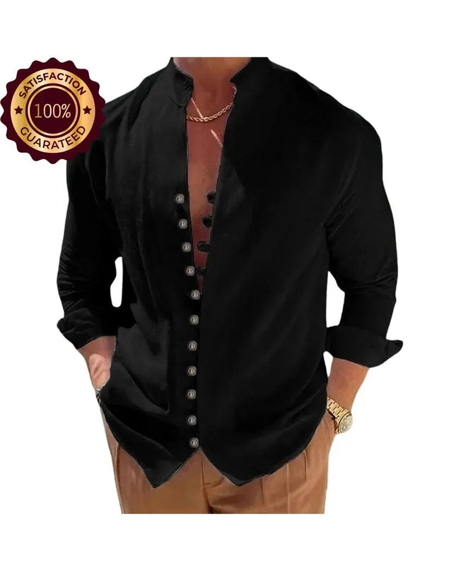 Men’s Loose Fit Shirt: Solid Color Vintage Button Long Sleeve Casual Top