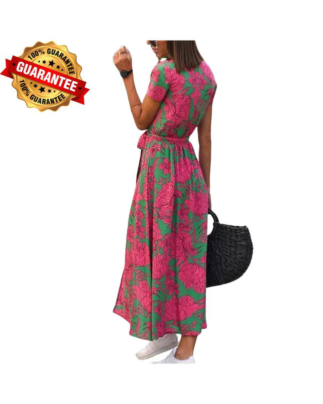 V-Neck Lace-Up Summer Dress: Elegant High Waist Gown with Print and Split Hem