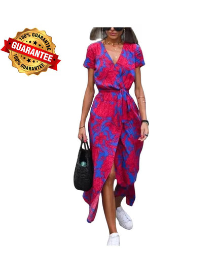 V-Neck Lace-Up Summer Dress: Elegant High Waist Gown with Print and Split Hem