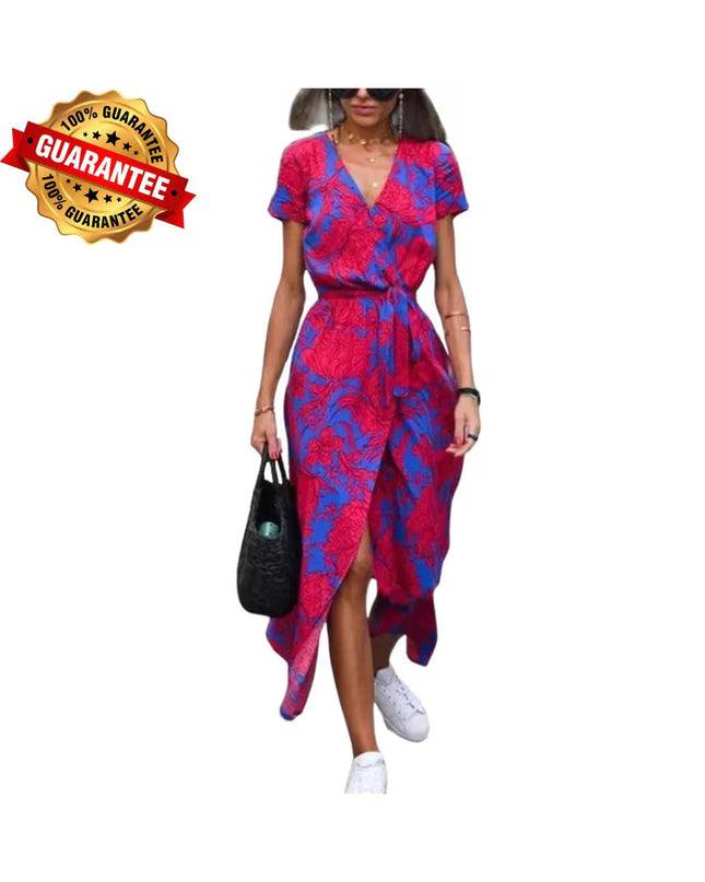 V-Neck Lace-Up Summer Dress: Elegant High Waist Gown with Print and Split Hem